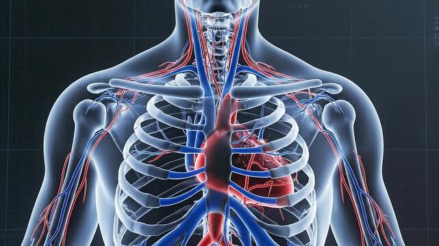 Detailed 3D animation of human circulatory system showing heart lungs arteries and veins with pulsing red and blue flow against dark textured background medical science