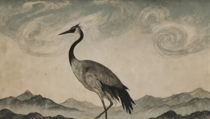 An elegant crane stands tall against a backdrop of swirling clouds and distant, muted mountains