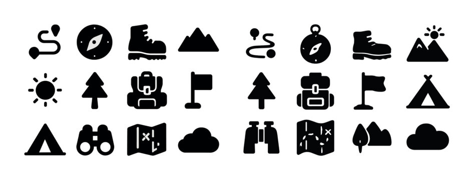 Adventure icons set: compass, tent, backpack, mountain, hiking