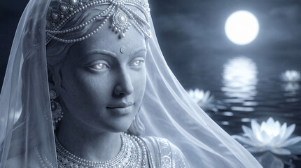 Mystical goddess statue with glowing eyes under a full moon reflecting on water with lotus flowers
