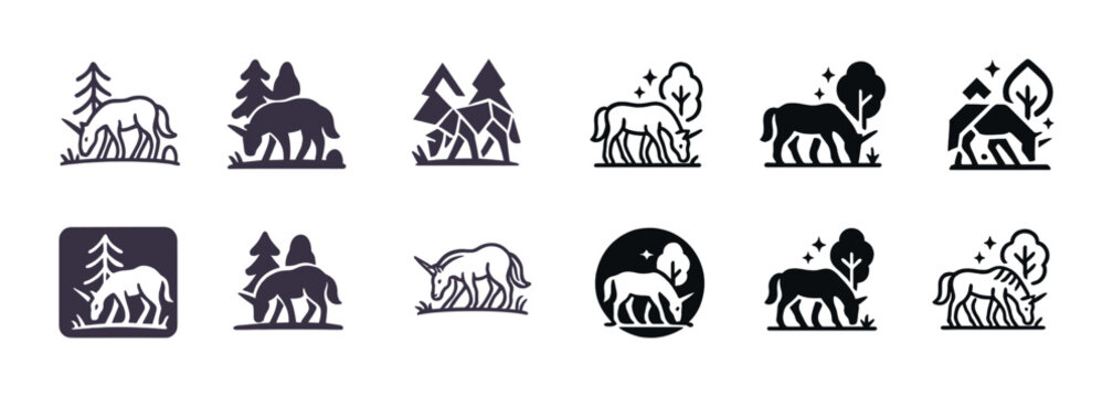Stylized forest animal icons featuring deer in various scenic silhouettes