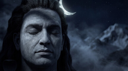 Lord shiva meditating under a crescent moon in a serene mountainous night sky, spiritual depiction