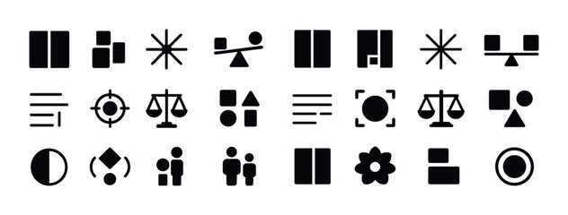 Diverse black icon set: balance, alignment, floral, family, target, and circle designs