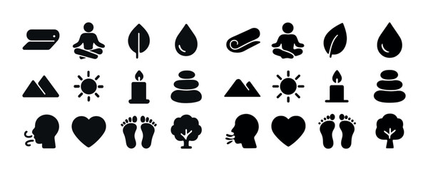 Wellness icons: meditation, nature, relaxation, yoga, zen elements