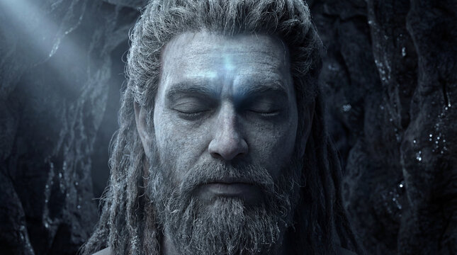 Spiritual man with dreadlocks and beard meditating with a glowing third eye in a dark, frozen cave