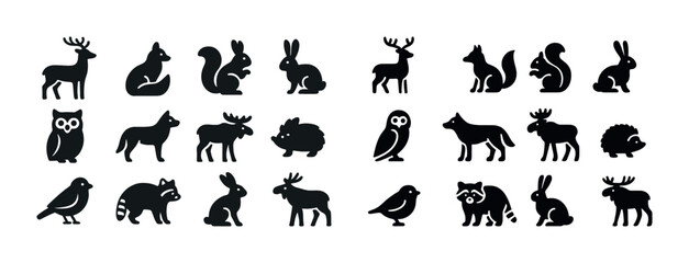 Silhouette icons of forest animals: deer, fox, squirrel, rabbit, owl, bird, raccoon, hedgehog