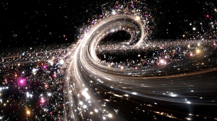 A vibrant, swirling spiral galaxy composed of countless stars and colorful nebulae against a black void of deep space. The galaxy is depicted in a dynamic, spir
