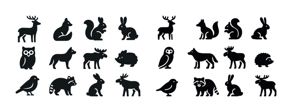 Silhouette icons of forest animals: deer, fox, squirrel, rabbit, owl, bird, raccoon, hedgehog