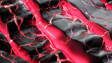 A close-up, abstract view of a surface with flowing, undulating shapes in black and vibrant pink, intersected by fine, shimmering gold veins resembling cracks.