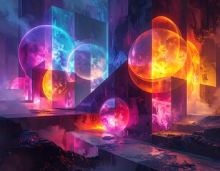 Glowing orbs float in an abstract, futuristic landscape with vibrant light and geometric shapes