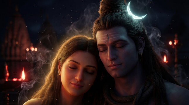 Lord shiva and goddess parvati in a divine embrace, radiating peace and spiritual harmony under a crescent moon