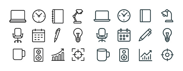 Office supplies icons set: laptop, clock, notebook, lamp, chair, calendar, pen, mug, graph, speaker, focus
