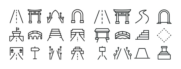 Set of linear road and landmark icons featuring arches, bridges, and signs