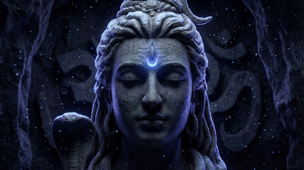 Detailed depiction of lord shivas meditative face, adorned with a glowing third eye and sacred cobra