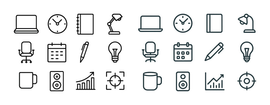 Office supplies icons set: laptop, clock, notebook, lamp, chair, calendar, pen, mug, graph, speaker, focus