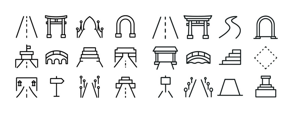 Set of linear road and landmark icons featuring arches, bridges, and signs