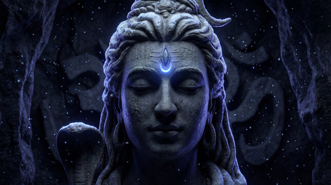 Detailed depiction of lord shivas meditative face, adorned with a glowing third eye and sacred cobra
