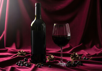 Sophisticated red wine bottle beside a filled goblet on deep burgundy fabric accented by berries and pine cones