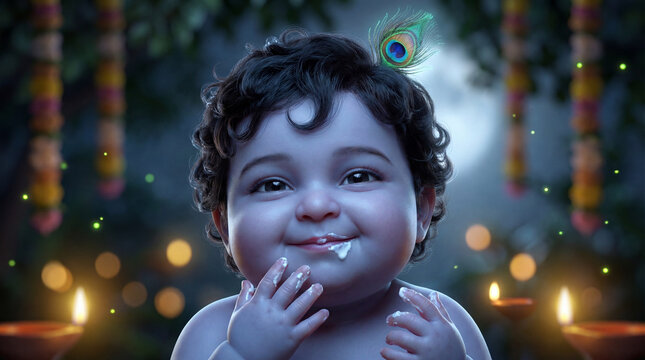 Sweet baby krishna with a peacock feather, smiling playfully, surrounded by glowing diyas at night