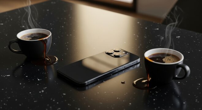 Triple-camera black smartphone beside two overflowing coffee cups conveying tech sophistication and morning ritual