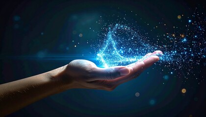 Glowing particles form a geometric shape over a human hand on a dark blue background