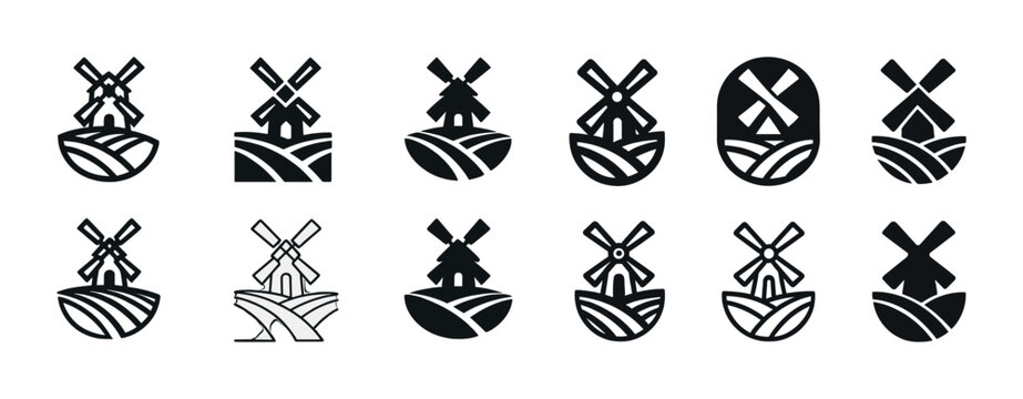 Set of twelve stylized black windmill logos on white background