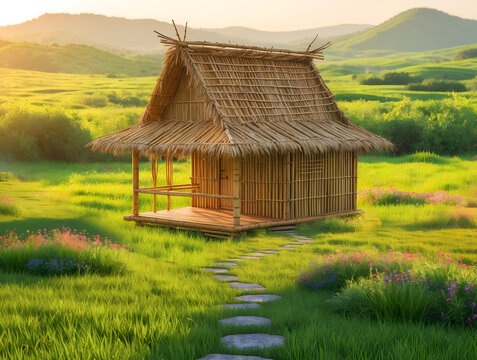Tropical Bamboo House in Lush Green Landscape at Sunrise
