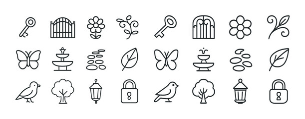 Naklejka premium Garden icons: keys, gates, flowers, butterflies, trees, birds, lanterns, locks