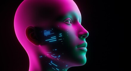Glowing portrait, cyberpunk aesthetics, futuristic human-like face, profile, neon light