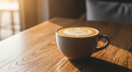 Frothy latte on wood table adjacent to a warmly lit window with relaxing vibes and sunlight