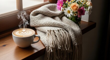 Steaming latte with foam artistry on wood sill amid flowers and cozy blanket with homely charm