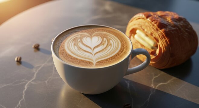 Heart-foam latte cup on marble surface next to a buttery pastry under dawn light with appetizing allure