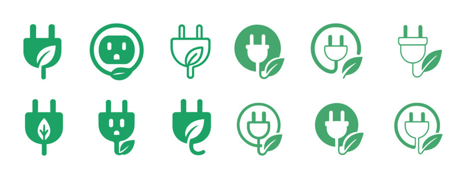 Green energy symbols: eco-friendly power plug and leaf icons collection