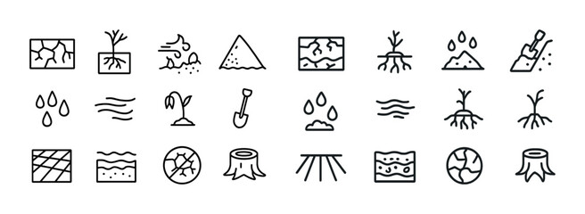 Drought and soil degradation icons set: planting, soil, erosion, water