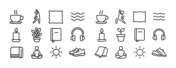 Set of minimalist line icons featuring relaxation and wellness symbols