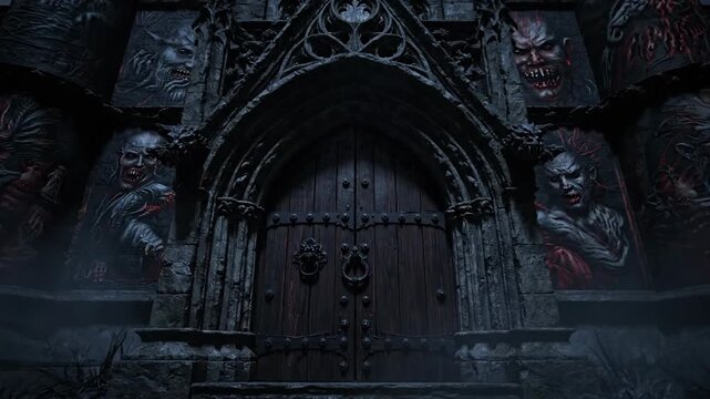 Gothic architecture with carved faces dramatic lighting and moody atmosphere