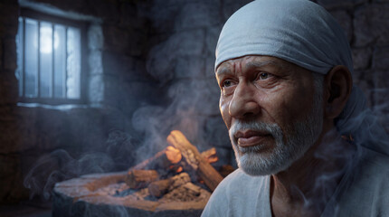 Contemplative old man with white beard and head wrap sitting by a smoky fire in a dim room