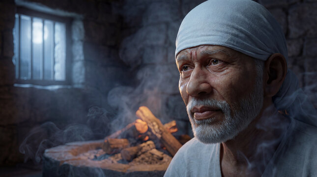 Contemplative old man with white beard and head wrap sitting by a smoky fire in a dim room