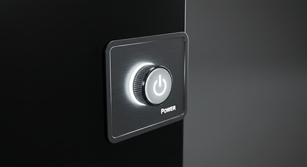 Glowing power button on a glossy black surface. Illumination, control, on/off concept