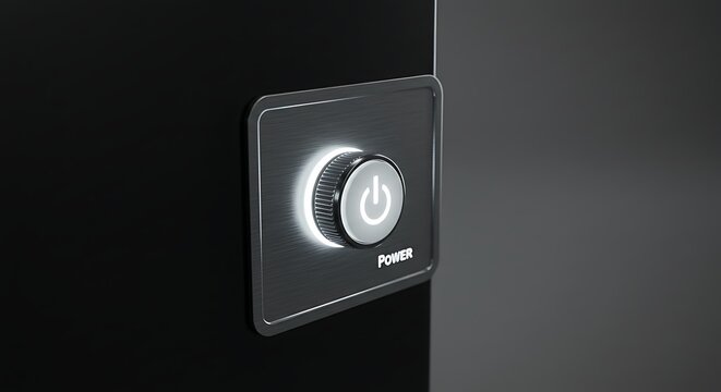 Glowing power button on a glossy black surface. Illumination, control, on/off concept