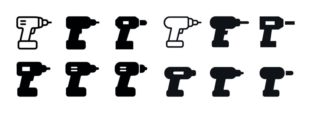 Set of cordless drill silhouettes in various styles and designs
