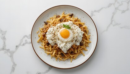bandeja paisa, Gourmet fried egg and savory meat ragu over pasta, garnished with fresh pepper on elegant white marble.