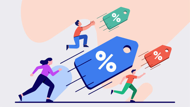 Shoppers Chasing a Giant Discount Tag &ndash; Modern Flat Design Illustration