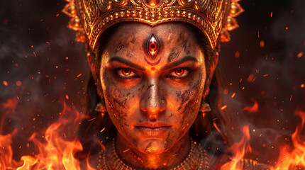 Powerful and intense depiction of a hindu goddess with fiery eyes and a golden crown amidst flames
