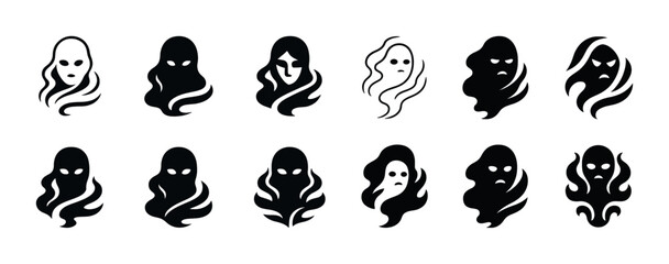 Naklejka premium Abstract black ghostly faces with expressionless eyes in various styles