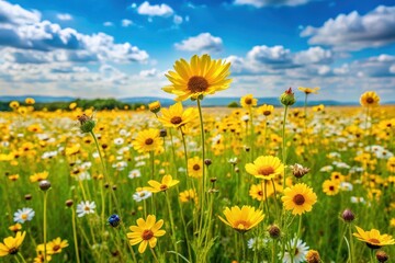 Fototapeta premium Vibrant Yellow and White Wildflowers Blooming in a Lush Meadow Under a Summer Sky