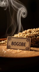 Bowl of Bogobe with Steam Curl &ndash; Camel Thorn Wood 'BOGOBE' Sign, Sorghum Sheaf & Sunburst Symbols, Nourishing Ritual Lighting