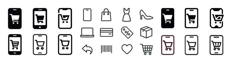 E-commerce icons: shopping carts, mobile devices, clothing, payment, and delivery symbols