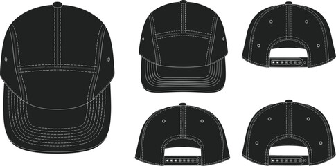 5-Panel Camper Cap Vector Mockup Set in Black, Multiple Views Including Front, Side, and Back, Flat Technical Fashion Illustration for Apparel Design and Branding Presentation