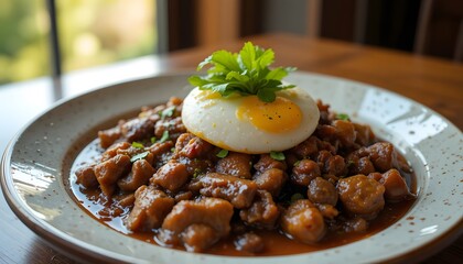 bandeja paisa. bandeja paisa. Hearty savory diced meat stew topped with a perfectly cooked egg and fresh green herbs, rustic plating